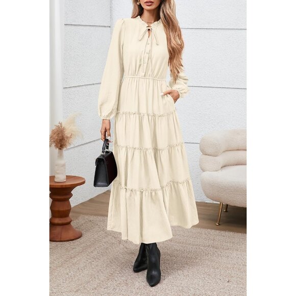 Long Sleeve Maxi Dress V-Neck Tiered Boho Elegant Fall Wedding Guest - Picture 5 of 6